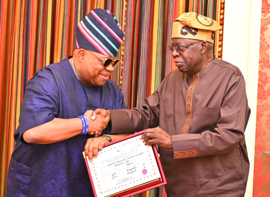 Governor Adeleke meets Tinubu in Aso Rock, praises President’s safeguard for democratic process