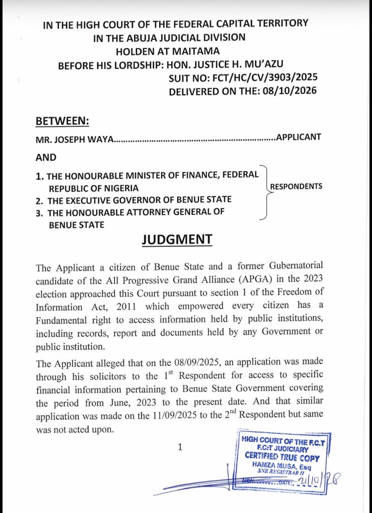 Court orders Alia to publish Benue revenues, spending